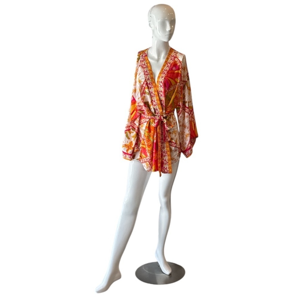 Haute Hippie White Multi Tropical Pineapple Belted Kimono Jacket Size Medium NWT - Picture 12 of 14